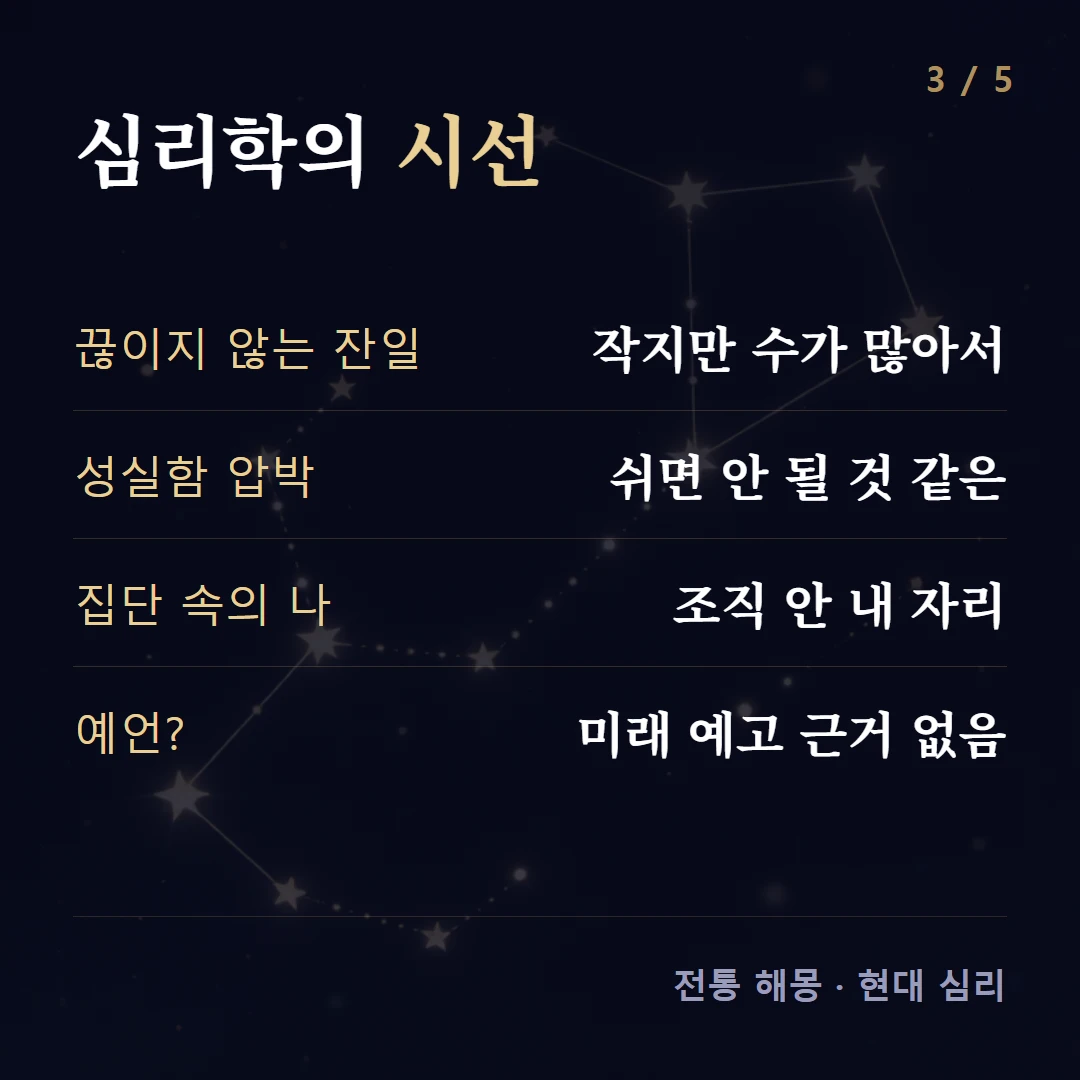 심리학의 시선 — 끊이지 않는 잔일 작지만 수가 많아서, 성실함 압박 쉬면 안 될 것 같은, 집단 속의 나 조직 안 내 자리, 예언? 미래 예고 근거 없음