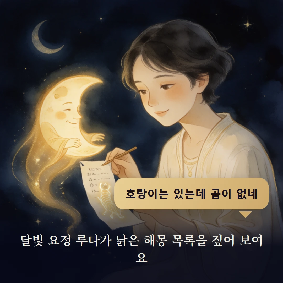 이야기 2컷 — 달빛 요정 루나가 낡은 해몽 목록을 짚어 보여요