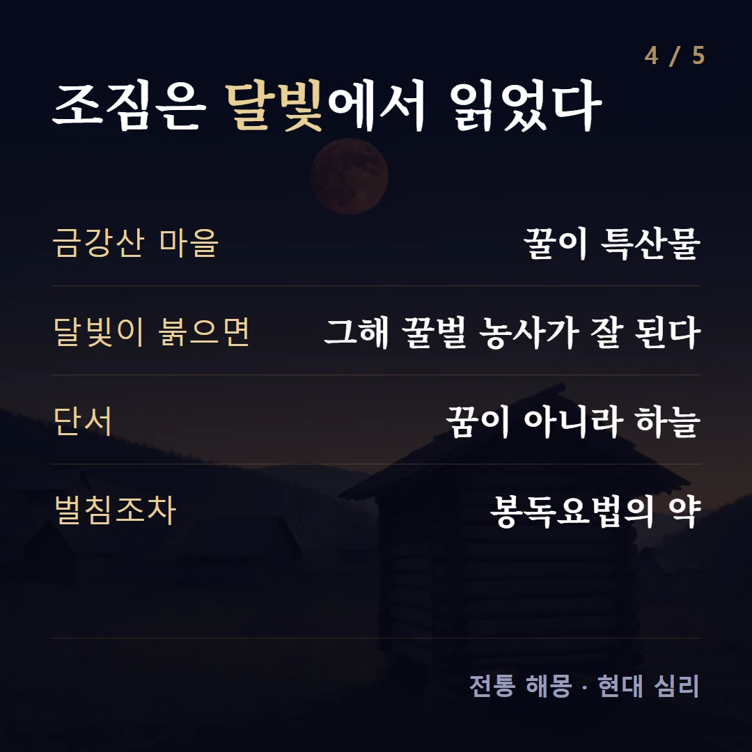 조짐은 달빛에서 읽었다 — 금강산 마을 꿀이 특산물, 달빛이 붉으면 그해 꿀벌 농사가 잘 된다, 단서 꿈이 아니라 하늘, 벌침조차 봉독요법의 약
