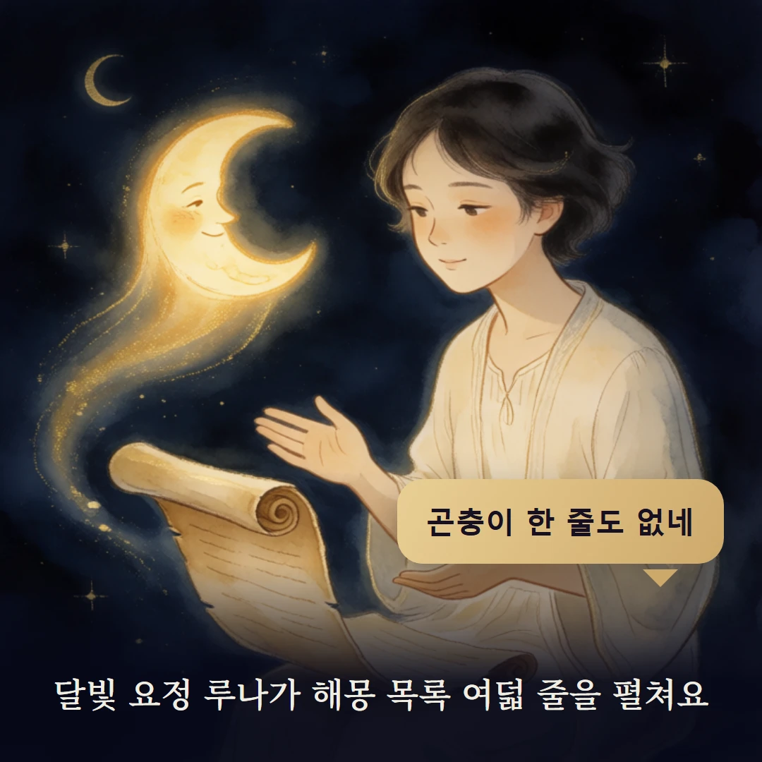 이야기 2컷 — 달빛 요정 루나가 해몽 목록 여덟 줄을 펼쳐요
