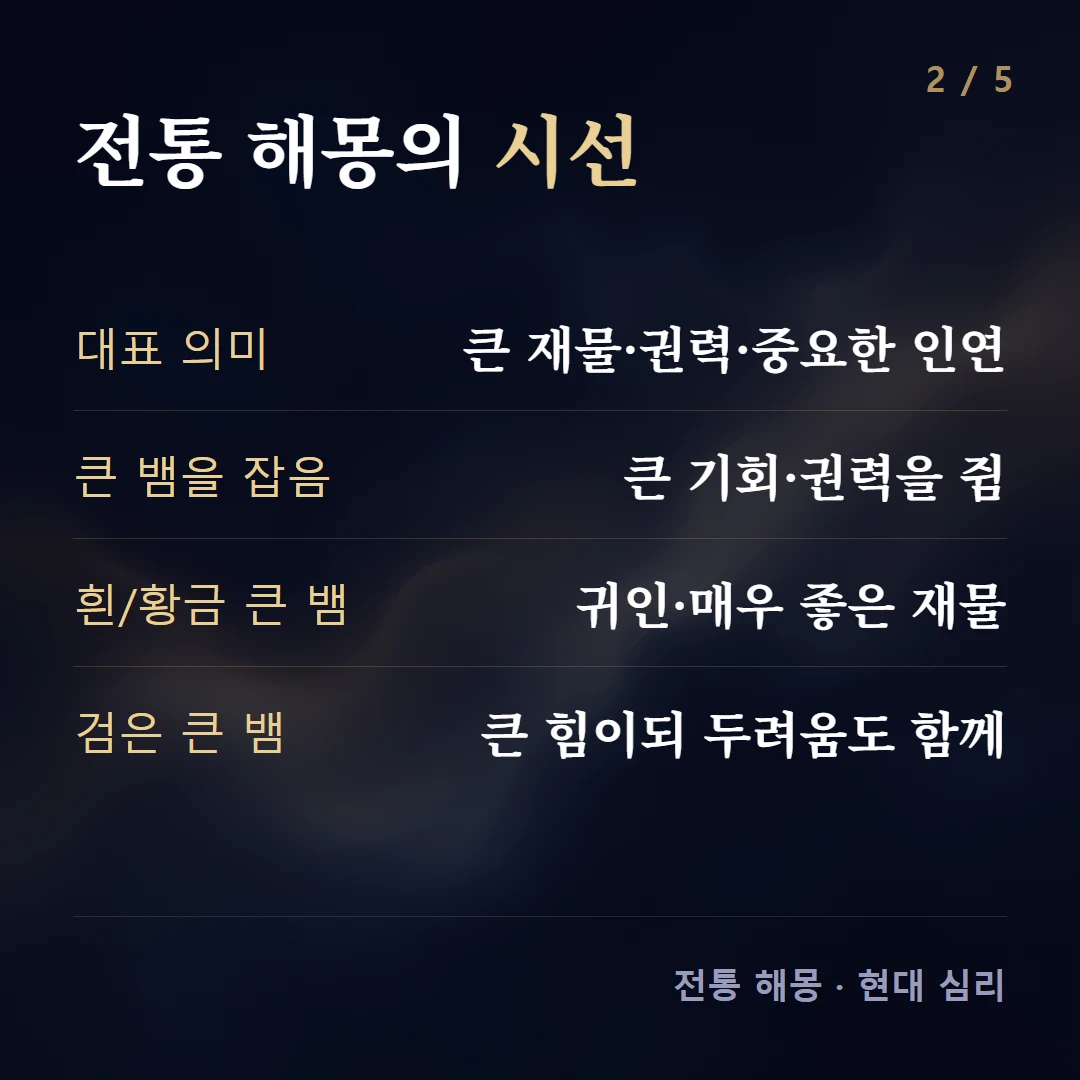 전통 해몽의 시선 — 대표 의미 큰 재물·권력·중요한 인연, 큰 뱀을 잡음 큰 기회·권력을 쥠, 흰/황금 큰 뱀 귀인·매우 좋은 재물, 검은 큰 뱀 큰 힘이되 두려움도 함께