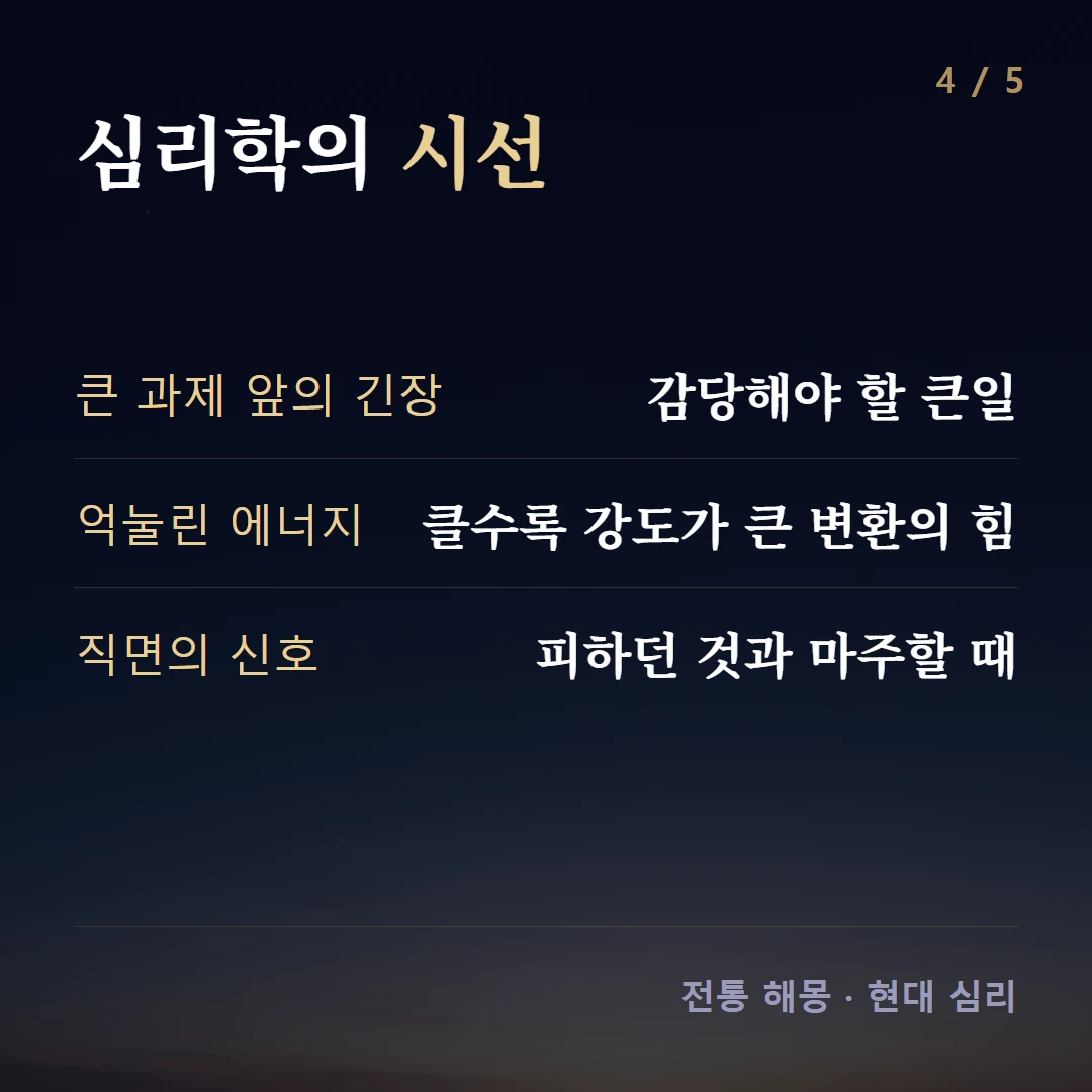 심리학의 시선 — 큰 과제 앞의 긴장 감당해야 할 큰일, 억눌린 에너지 클수록 강도가 큰 변환의 힘, 직면의 신호 피하던 것과 마주할 때