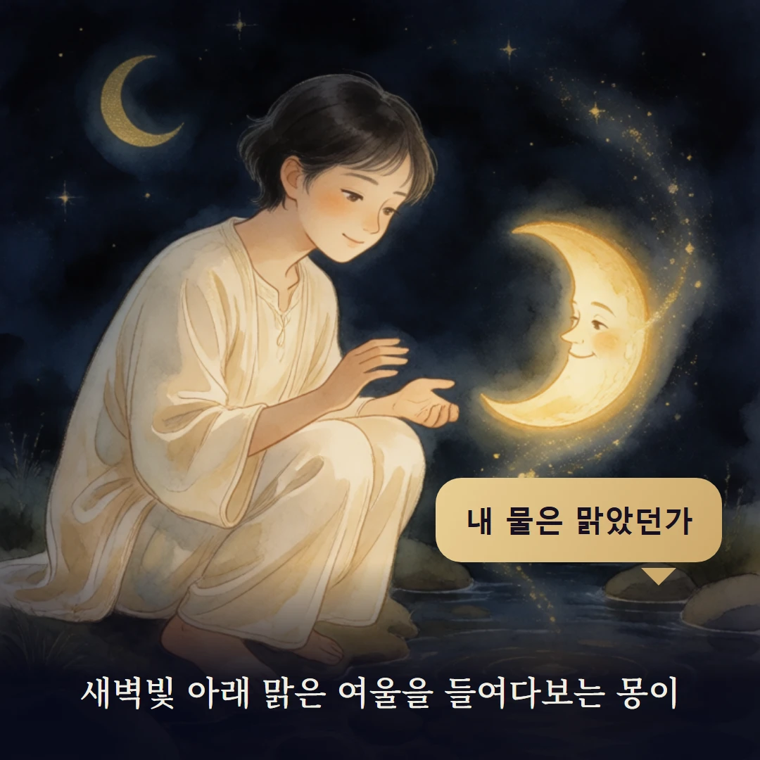 이야기 4컷 — 새벽빛 아래 맑은 여울을 들여다보는 몽이