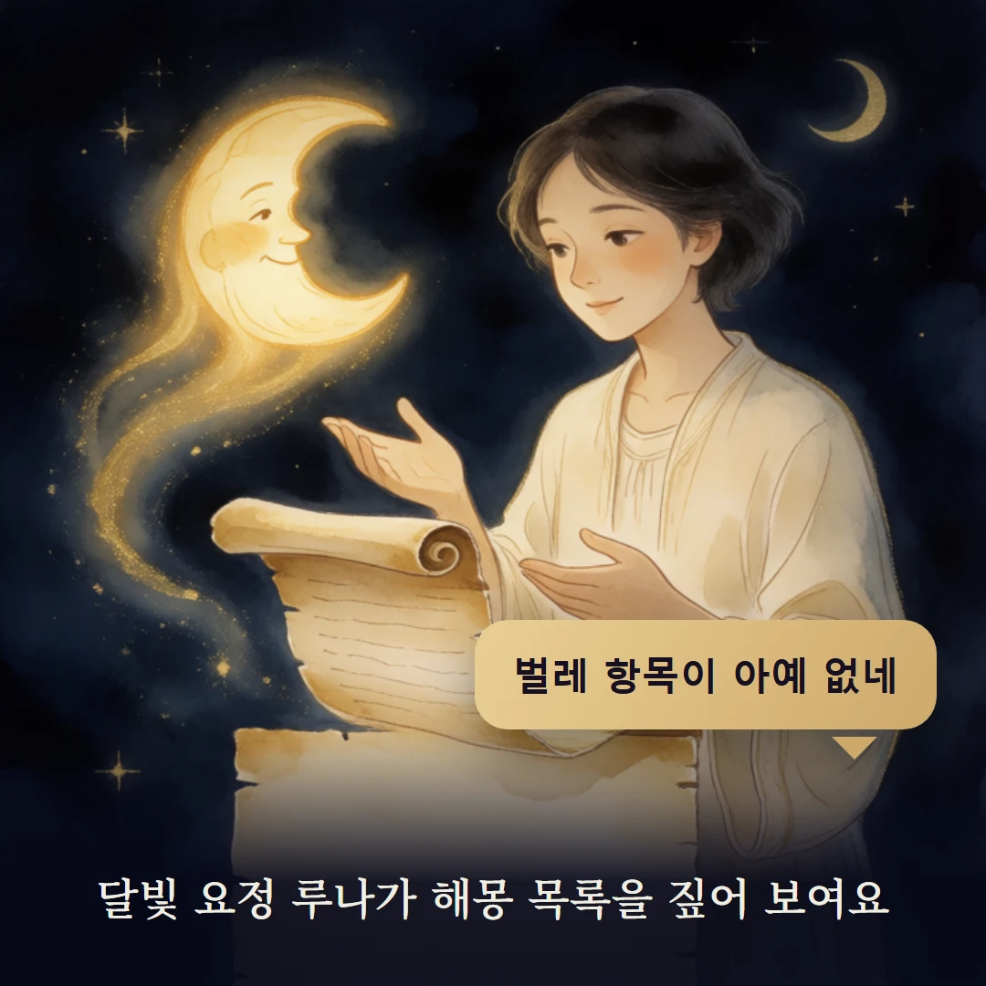 이야기 2컷 — 달빛 요정 루나가 해몽 목록을 짚어 보여요