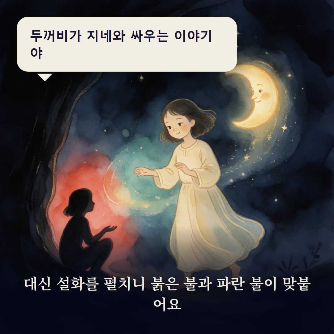 이야기 3컷 — 대신 설화를 펼치니 붉은 불과 파란 불이 맞붙어요