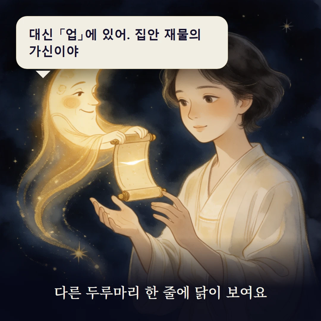 이야기 3컷 — 다른 두루마리 한 줄에 닭이 보여요