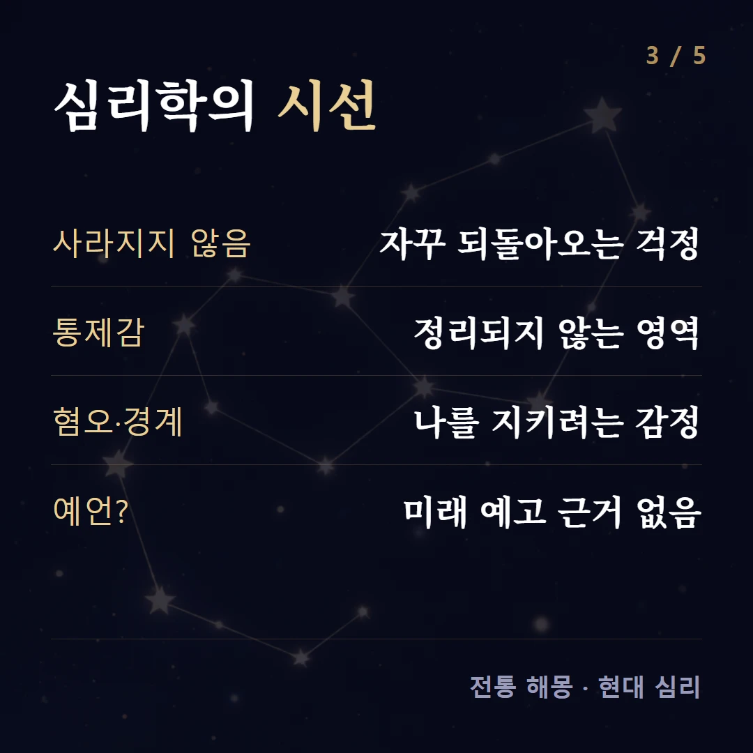 심리학의 시선 — 사라지지 않음 자꾸 되돌아오는 걱정, 통제감 정리되지 않는 영역, 혐오·경계 나를 지키려는 감정, 예언? 미래 예고 근거 없음