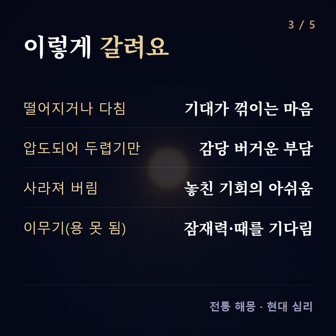 이렇게 갈려요 — 떨어지거나 다침 기대가 꺾이는 마음, 압도되어 두렵기만 감당 버거운 부담, 사라져 버림 놓친 기회의 아쉬움, 이무기(용 못 됨) 잠재력·때를 기다림