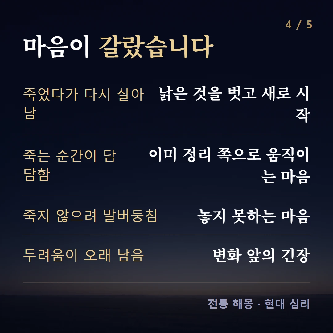 마음이 갈랐습니다 — 죽었다가 다시 살아남 낡은 것을 벗고 새로 시작, 죽는 순간이 담담함 이미 정리 쪽으로 움직이는 마음, 죽지 않으려 발버둥침 놓지 못하는 마음, 두려움이 오래 남음 변화 앞의 긴장