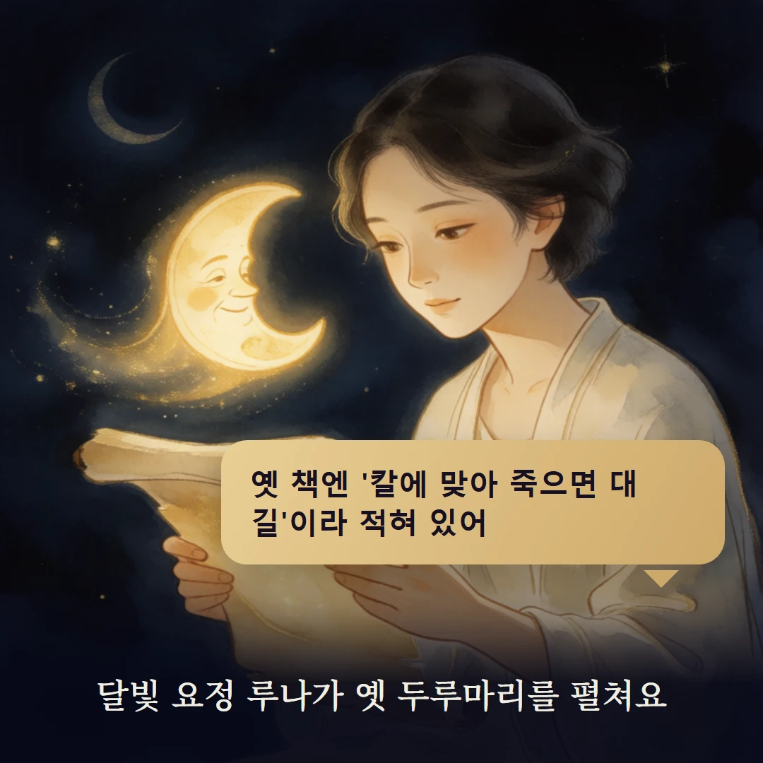 이야기 2컷 — 달빛 요정 루나가 옛 두루마리를 펼쳐요