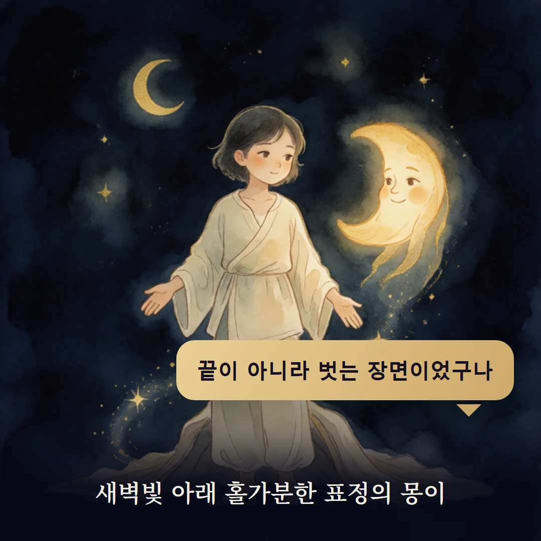 이야기 4컷 — 새벽빛 아래 홀가분한 표정의 몽이