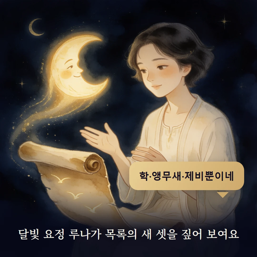 이야기 2컷 — 달빛 요정 루나가 목록의 새 셋을 짚어 보여요