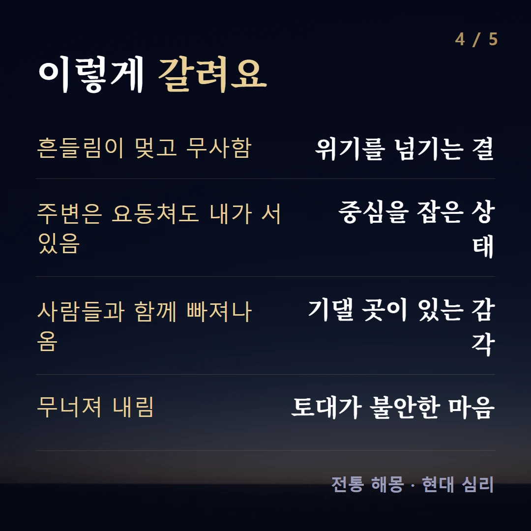 이렇게 갈려요 — 흔들림이 멎고 무사함 위기를 넘기는 결, 주변은 요동쳐도 내가 서 있음 중심을 잡은 상태, 사람들과 함께 빠져나옴 기댈 곳이 있는 감각, 무너져 내림 토대가 불안한 마음