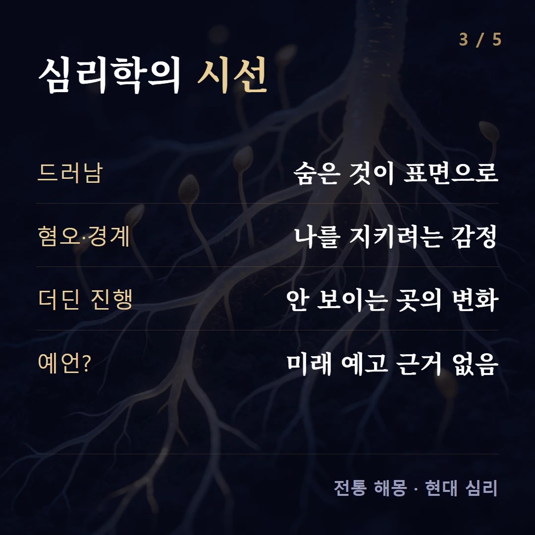 심리학의 시선 — 드러남 숨은 것이 표면으로, 혐오·경계 나를 지키려는 감정, 더딘 진행 안 보이는 곳의 변화, 예언? 미래 예고 근거 없음