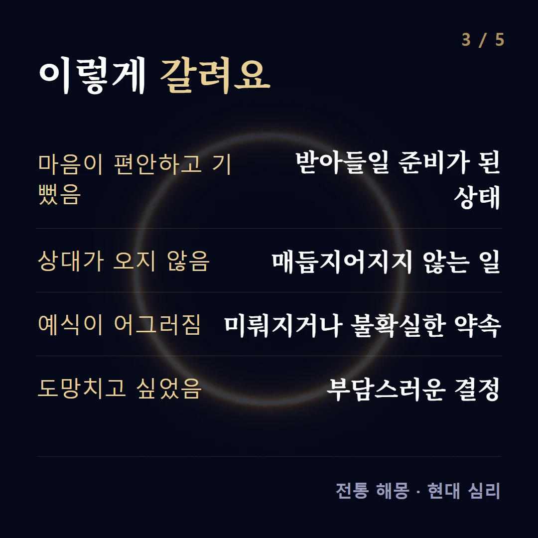 이렇게 갈려요 — 마음이 편안하고 기뻤음 받아들일 준비가 된 상태, 상대가 오지 않음 매듭지어지지 않는 일, 예식이 어그러짐 미뤄지거나 불확실한 약속, 도망치고 싶었음 부담스러운 결정
