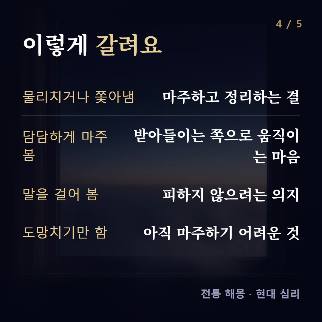 이렇게 갈려요 — 물리치거나 쫓아냄 마주하고 정리하는 결, 담담하게 마주 봄 받아들이는 쪽으로 움직이는 마음, 말을 걸어 봄 피하지 않으려는 의지, 도망치기만 함 아직 마주하기 어려운 것