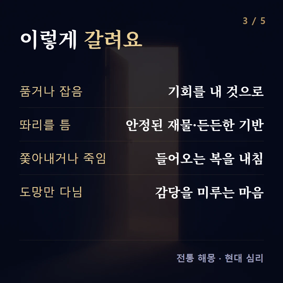 이렇게 갈려요 — 품거나 잡음 기회를 내 것으로, 똬리를 틈 안정된 재물·든든한 기반, 쫓아내거나 죽임 들어오는 복을 내침, 도망만 다님 감당을 미루는 마음