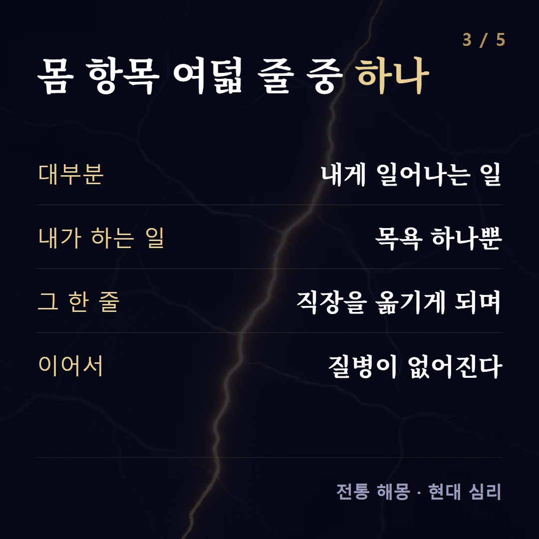 몸 항목 여덟 줄 중 하나 — 대부분 내게 일어나는 일, 내가 하는 일 목욕 하나뿐, 그 한 줄 직장을 옮기게 되며, 이어서 질병이 없어진다