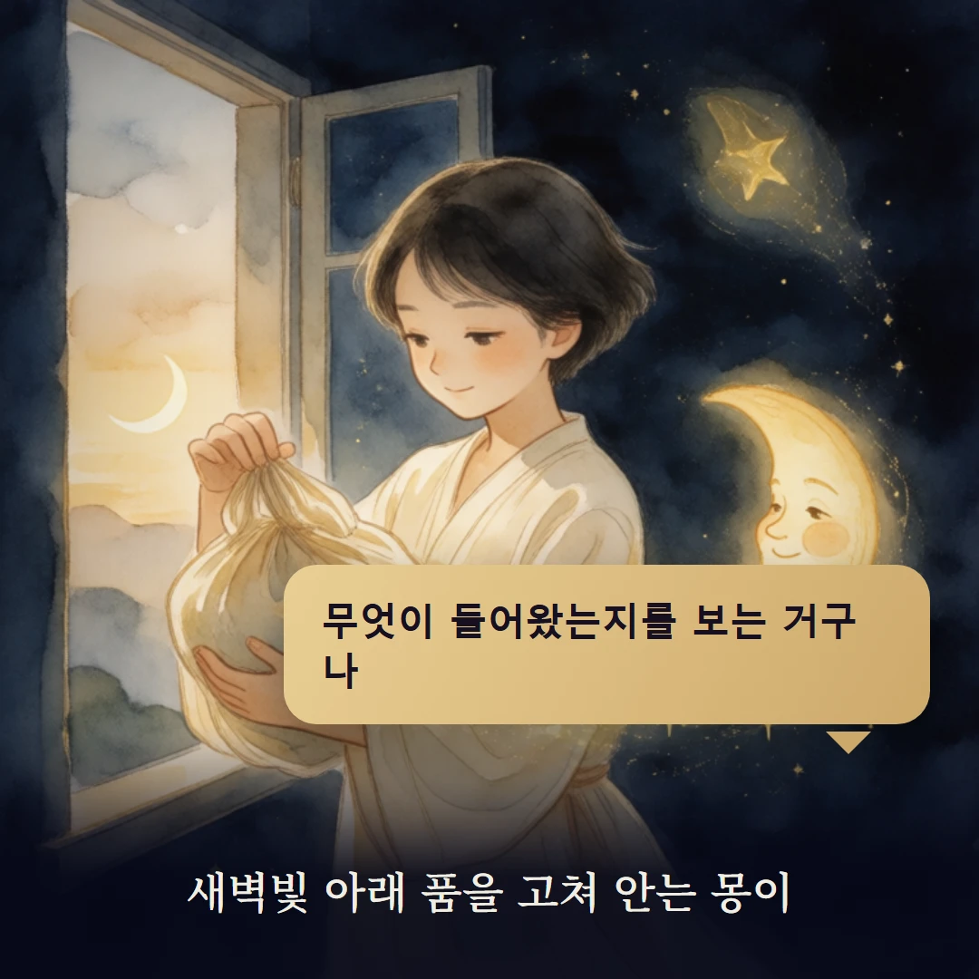 이야기 4컷 — 새벽빛 아래 품을 고쳐 안는 몽이