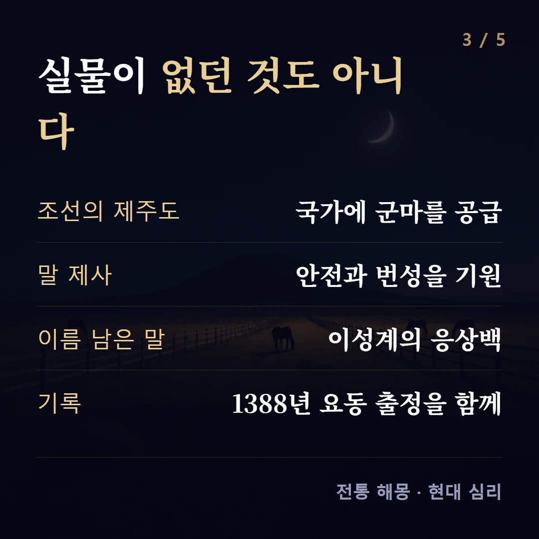 실물이 없던 것도 아니다 — 조선의 제주도 국가에 군마를 공급, 말 제사 안전과 번성을 기원, 이름 남은 말 이성계의 응상백, 기록 1388년 요동 출정을 함께