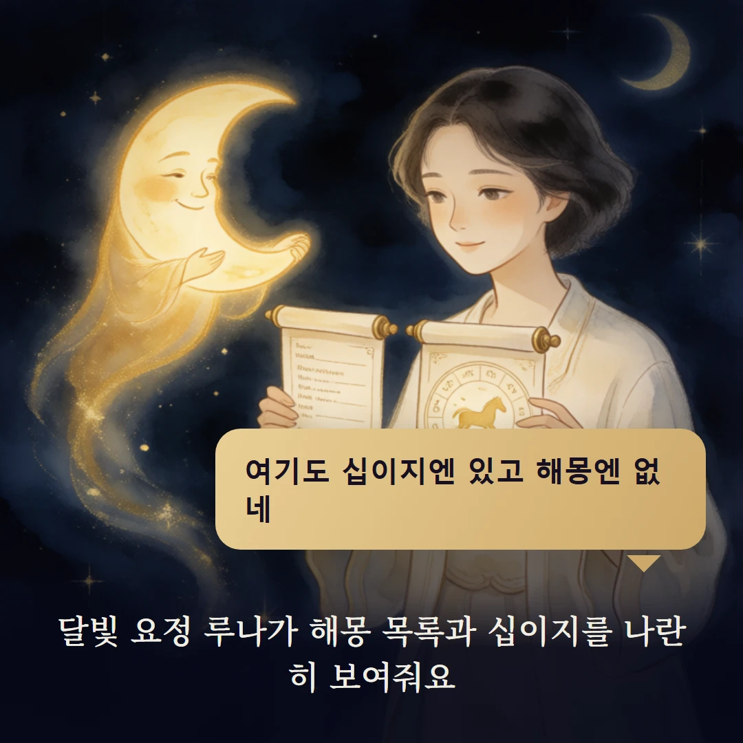 이야기 2컷 — 달빛 요정 루나가 해몽 목록과 십이지를 나란히 보여줘요
