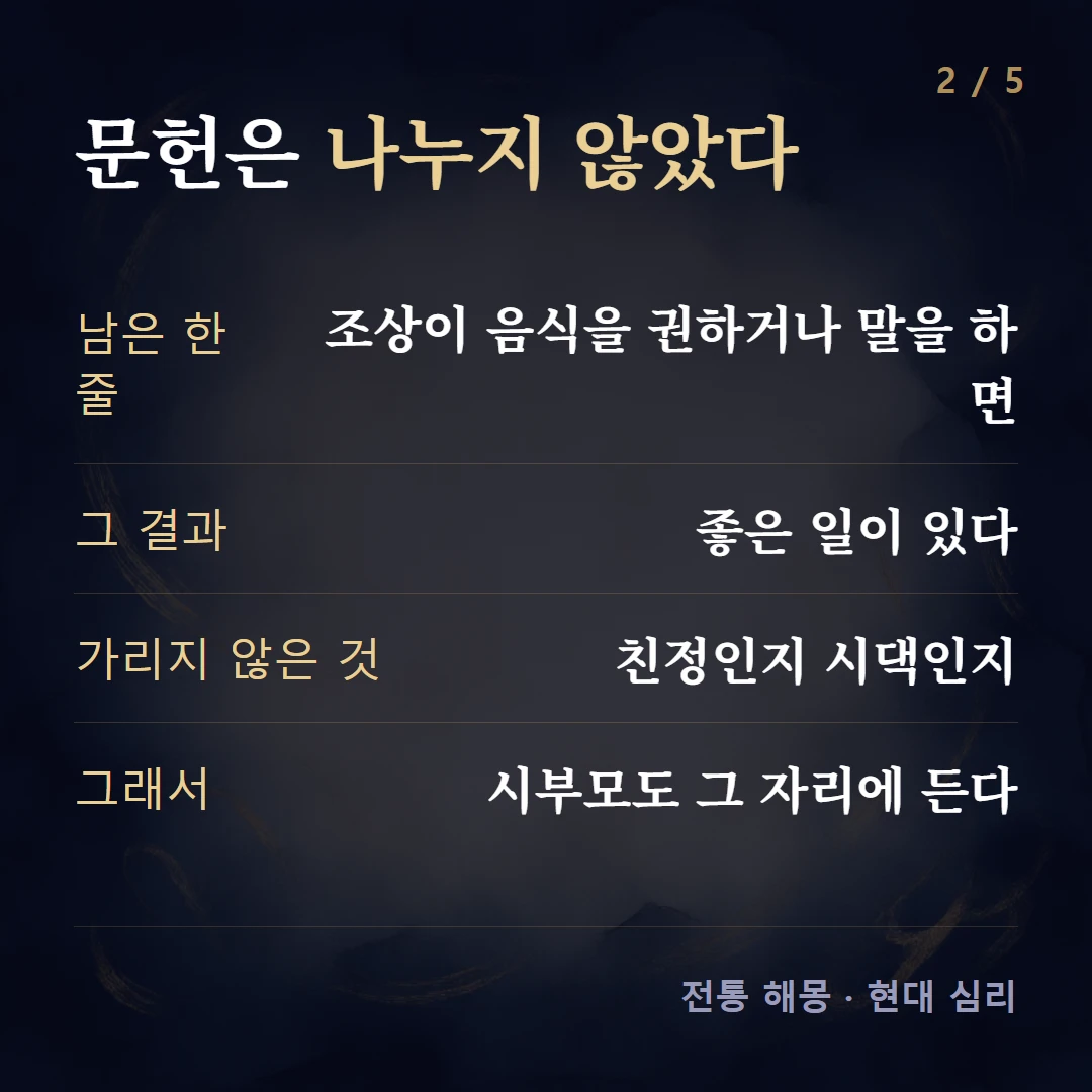 문헌은 나누지 않았다 — 남은 한 줄 조상이 음식을 권하거나 말을 하면, 그 결과 좋은 일이 있다, 가리지 않은 것 친정인지 시댁인지, 그래서 시부모도 그 자리에 든다