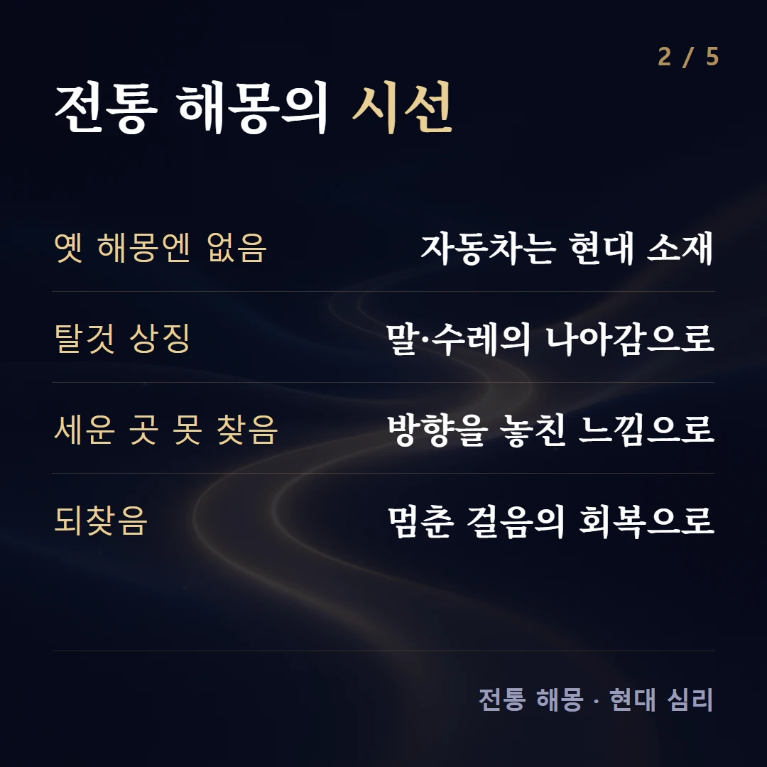 전통 해몽의 시선 — 옛 해몽엔 없음 자동차는 현대 소재, 탈것 상징 말·수레의 나아감으로, 세운 곳 못 찾음 방향을 놓친 느낌으로, 되찾음 멈춘 걸음의 회복으로