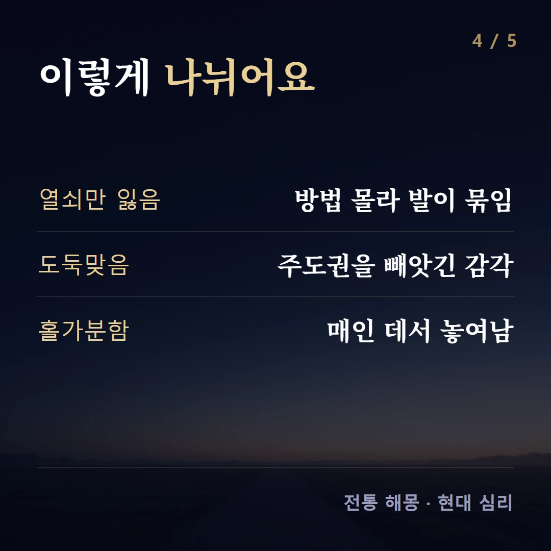 이렇게 나뉘어요 — 열쇠만 잃음 방법 몰라 발이 묶임, 도둑맞음 주도권을 빼앗긴 감각, 홀가분함 매인 데서 놓여남