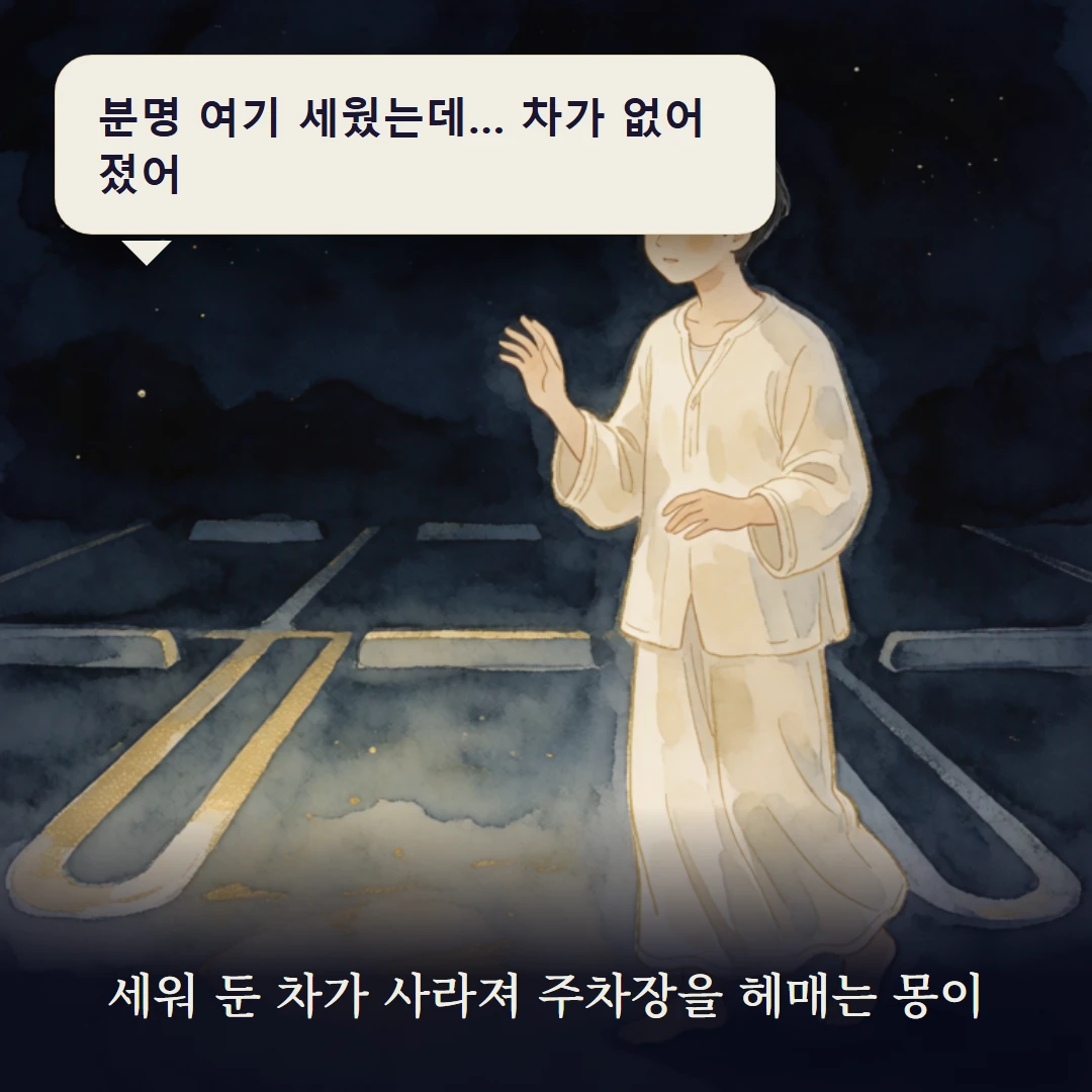 이야기 1컷 — 세워 둔 차가 사라져 주차장을 헤매는 몽이