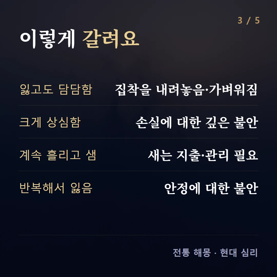이렇게 갈려요 — 잃고도 담담함 집착을 내려놓음·가벼워짐, 크게 상심함 손실에 대한 깊은 불안, 계속 흘리고 샘 새는 지출·관리 필요, 반복해서 잃음 안정에 대한 불안