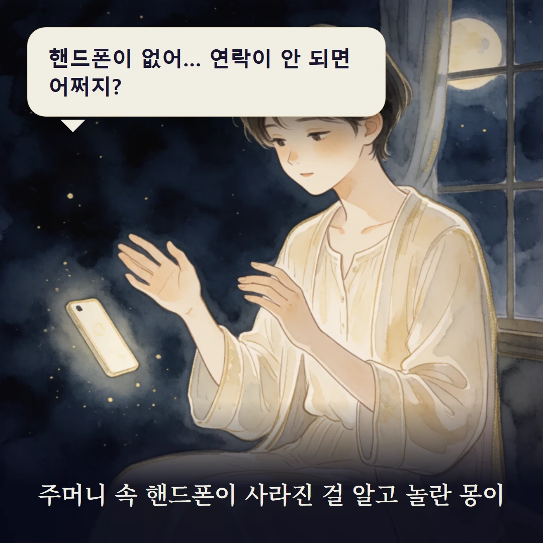 이야기 1컷 — 주머니 속 핸드폰이 사라진 걸 알고 놀란 몽이