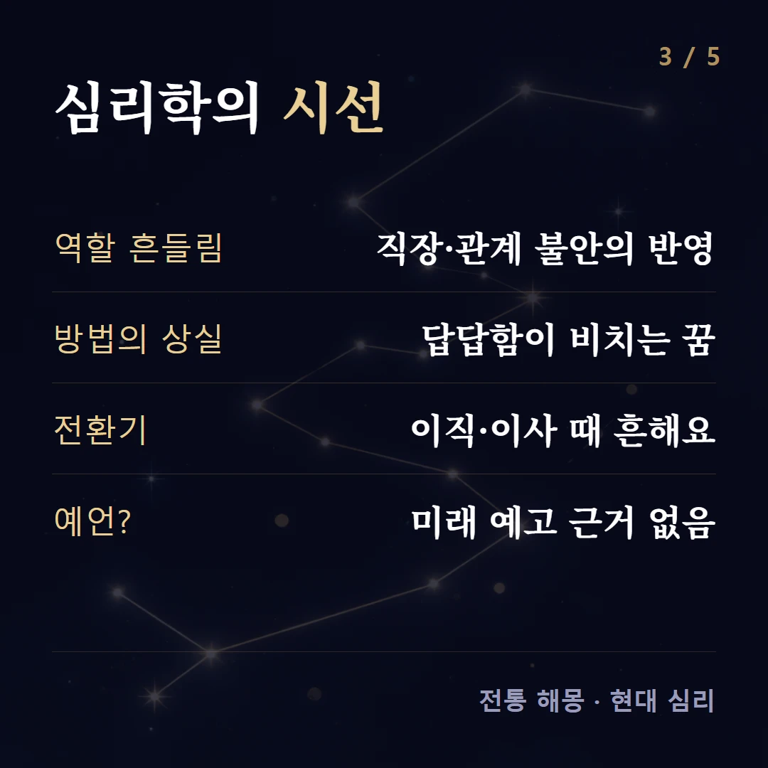 심리학의 시선 — 역할 흔들림 직장·관계 불안의 반영, 방법의 상실 답답함이 비치는 꿈, 전환기 이직·이사 때 흔해요, 예언? 미래 예고 근거 없음