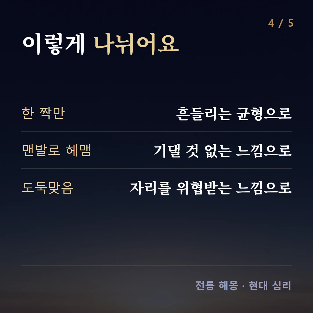 이렇게 나뉘어요 — 한 짝만 흔들리는 균형으로, 맨발로 헤맴 기댈 것 없는 느낌으로, 도둑맞음 자리를 위협받는 느낌으로