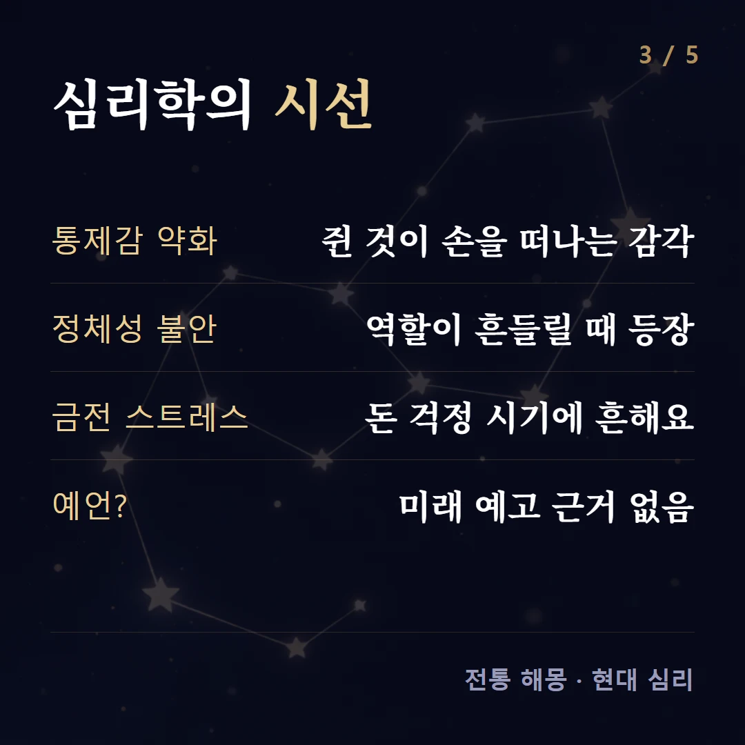 심리학의 시선 — 통제감 약화 쥔 것이 손을 떠나는 감각, 정체성 불안 역할이 흔들릴 때 등장, 금전 스트레스 돈 걱정 시기에 흔해요, 예언? 미래 예고 근거 없음