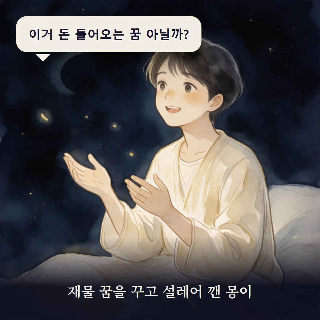 이야기 1컷 — 재물 꿈을 꾸고 설레어 깬 몽이