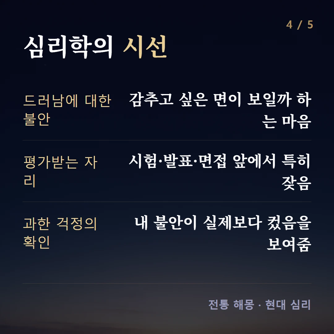 심리학의 시선 — 드러남에 대한 불안 감추고 싶은 면이 보일까 하는 마음, 평가받는 자리 시험·발표·면접 앞에서 특히 잦음, 과한 걱정의 확인 내 불안이 실제보다 컸음을 보여줌
