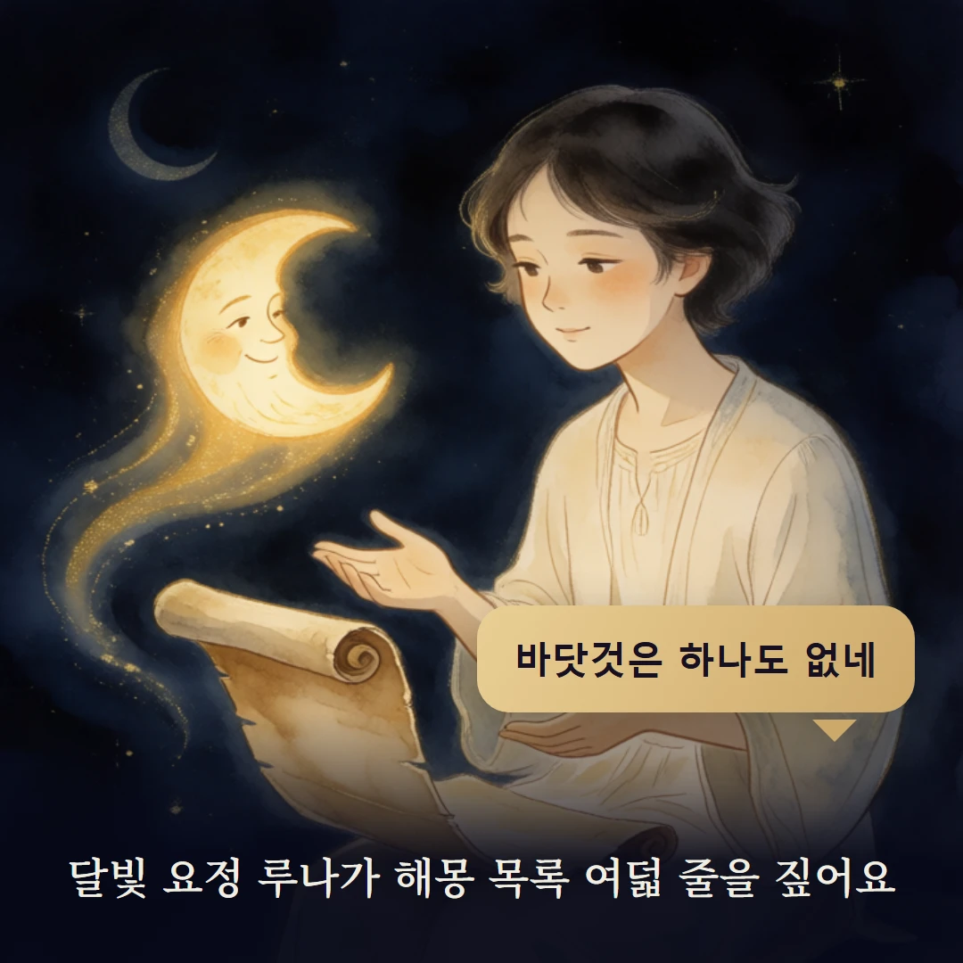 이야기 2컷 — 달빛 요정 루나가 해몽 목록 여덟 줄을 짚어요