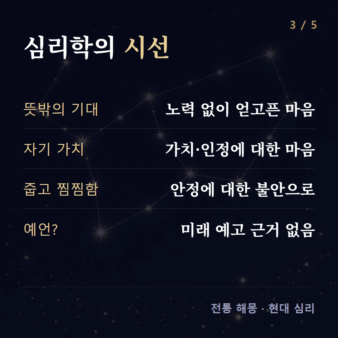 심리학의 시선 — 뜻밖의 기대 노력 없이 얻고픈 마음, 자기 가치 가치·인정에 대한 마음, 줍고 찜찜함 안정에 대한 불안으로, 예언? 미래 예고 근거 없음
