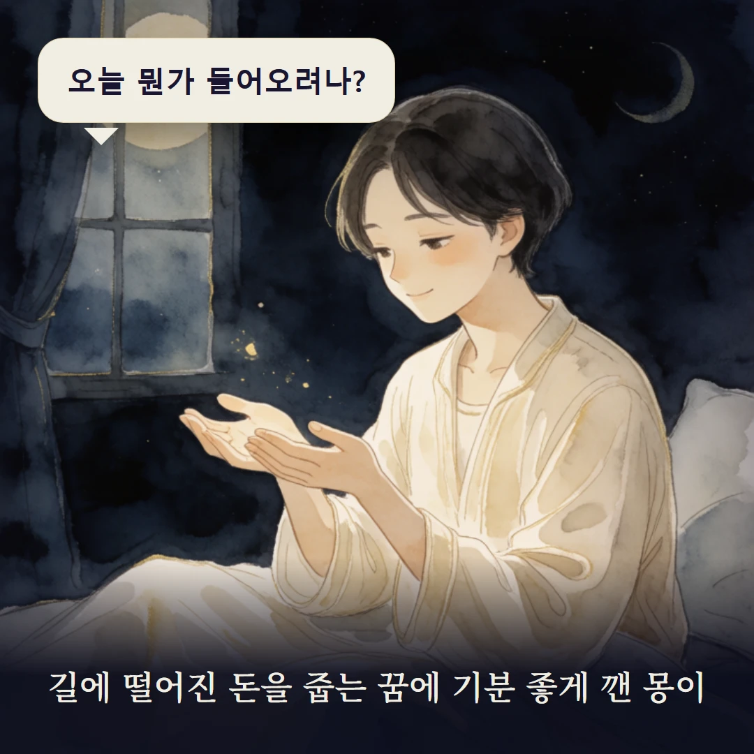 이야기 1컷 — 길에 떨어진 돈을 줍는 꿈에 기분 좋게 깬 몽이