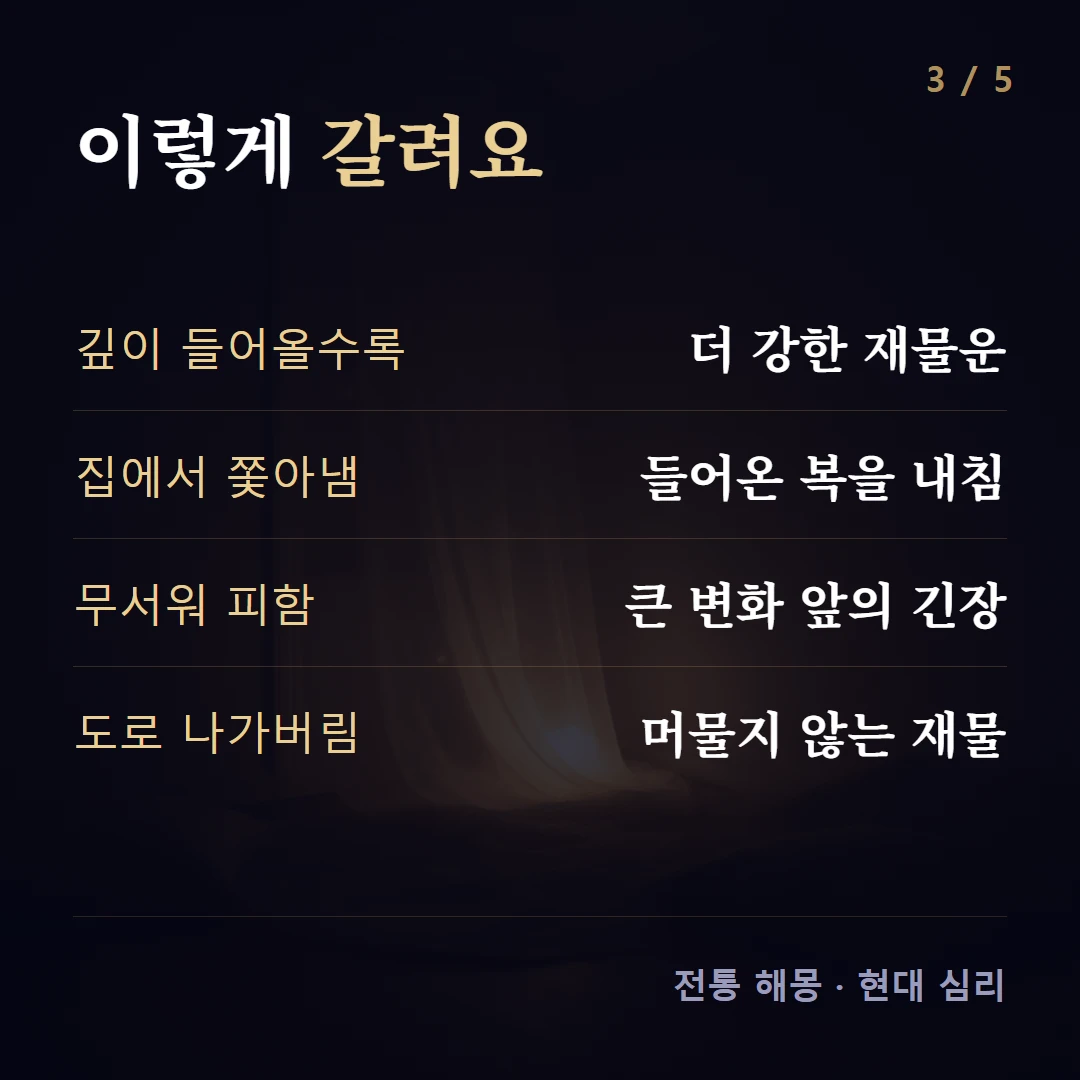 이렇게 갈려요 — 깊이 들어올수록 더 강한 재물운, 집에서 쫓아냄 들어온 복을 내침, 무서워 피함 큰 변화 앞의 긴장, 도로 나가버림 머물지 않는 재물