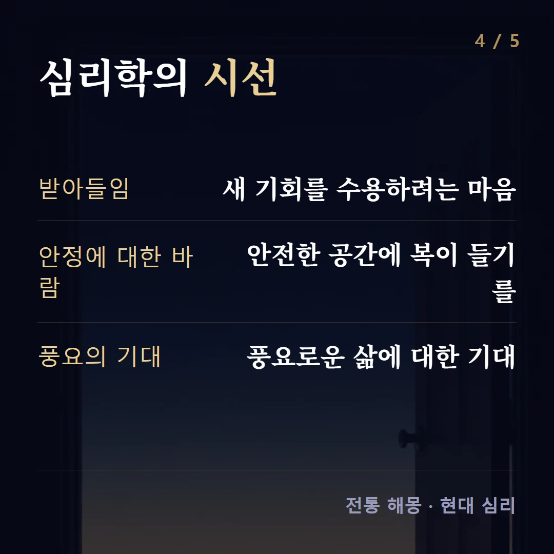 심리학의 시선 — 받아들임 새 기회를 수용하려는 마음, 안정에 대한 바람 안전한 공간에 복이 들기를, 풍요의 기대 풍요로운 삶에 대한 기대