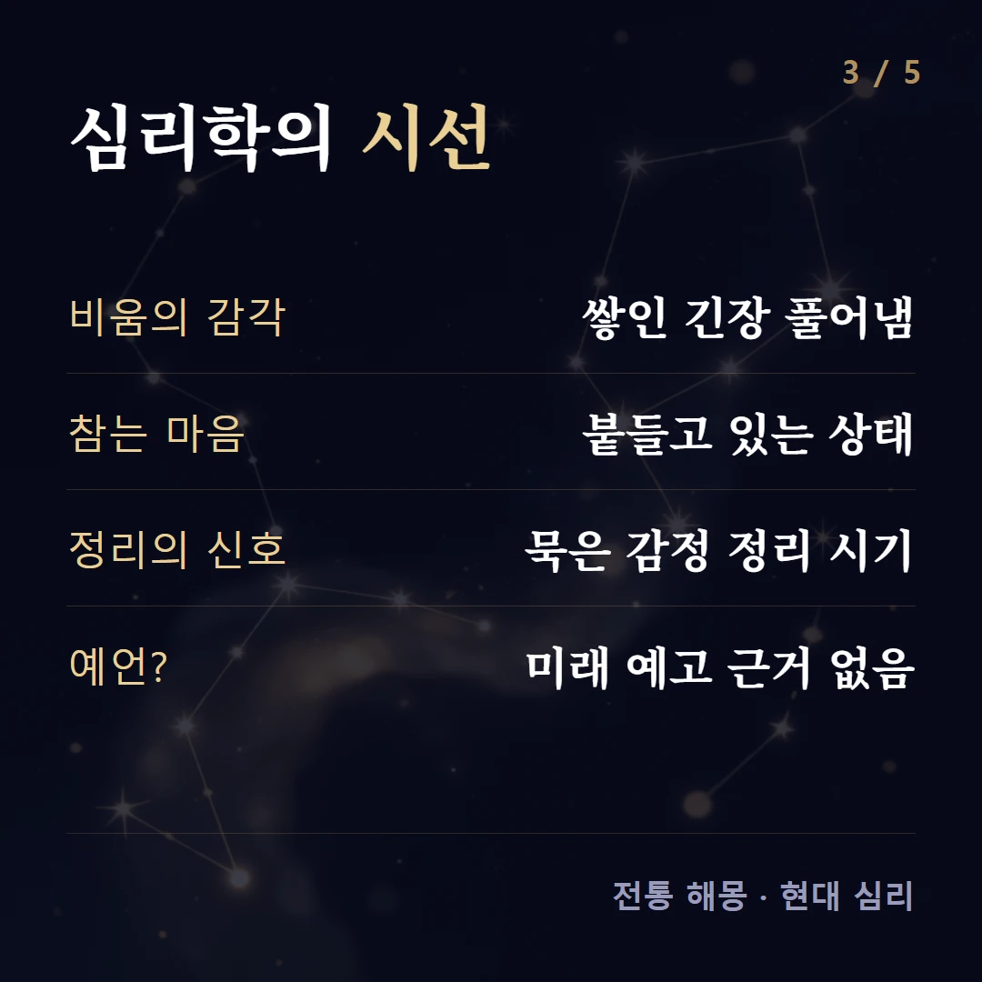 심리학의 시선 — 비움의 감각 쌓인 긴장 풀어냄, 참는 마음 붙들고 있는 상태, 정리의 신호 묵은 감정 정리 시기, 예언? 미래 예고 근거 없음