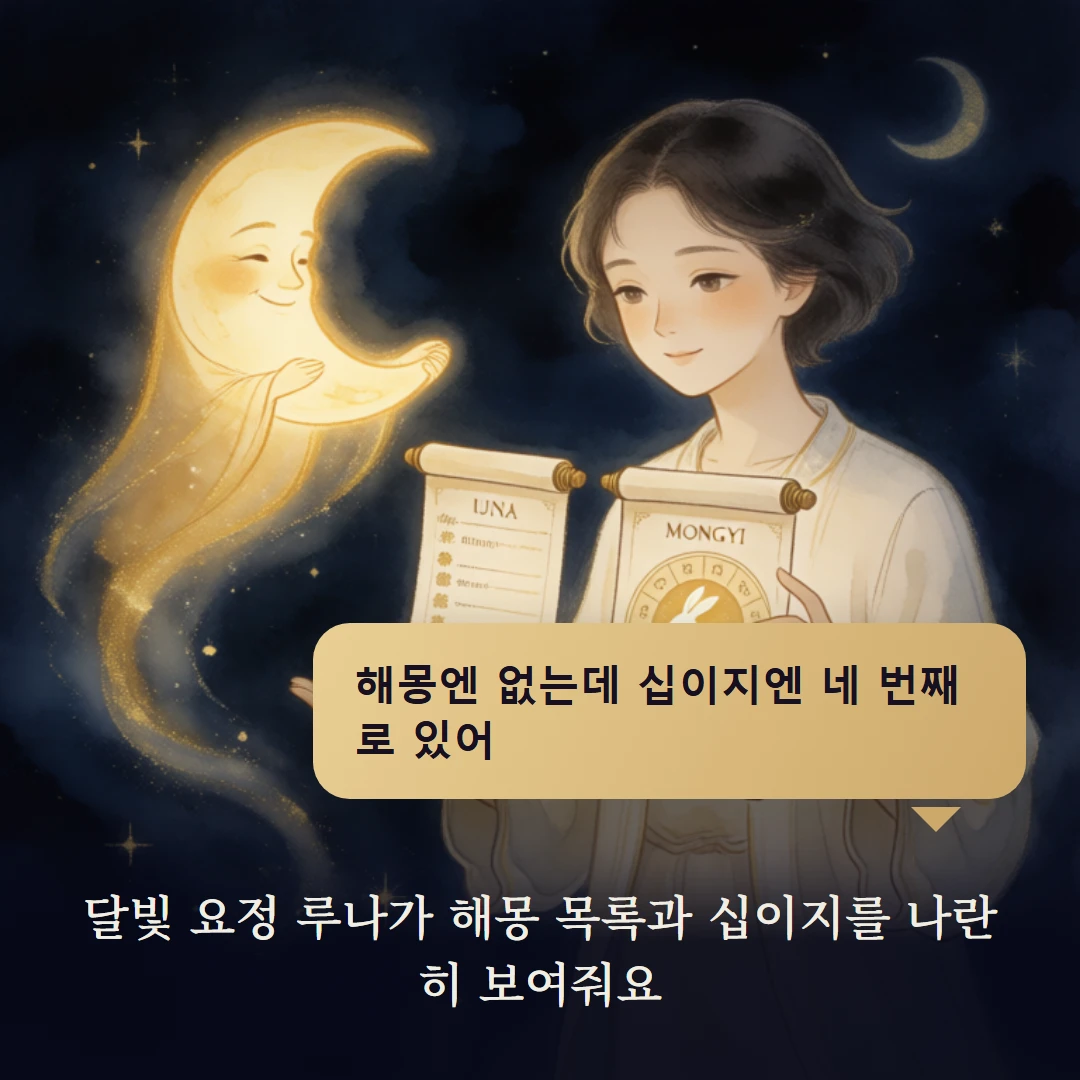 이야기 2컷 — 달빛 요정 루나가 해몽 목록과 십이지를 나란히 보여줘요