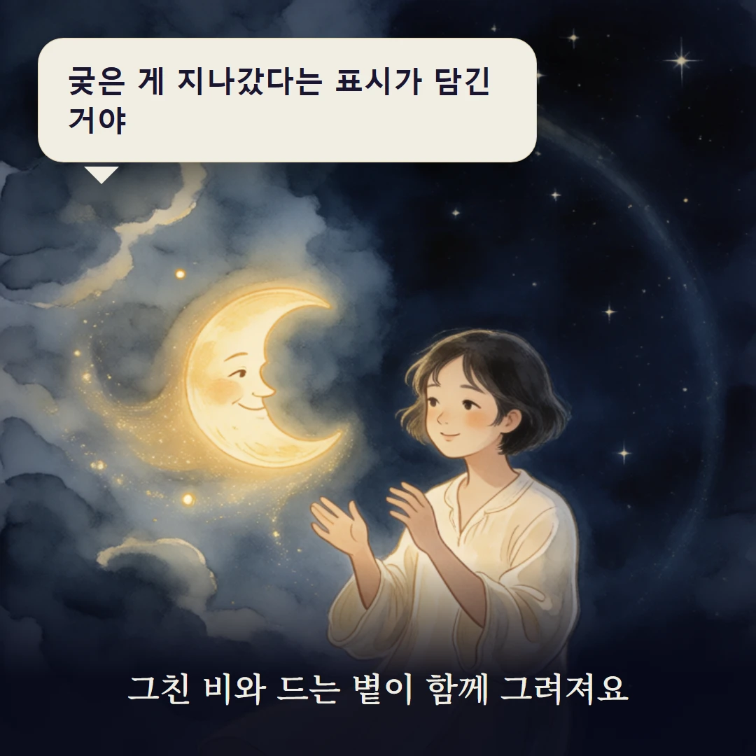 이야기 3컷 — 그친 비와 드는 볕이 함께 그려져요