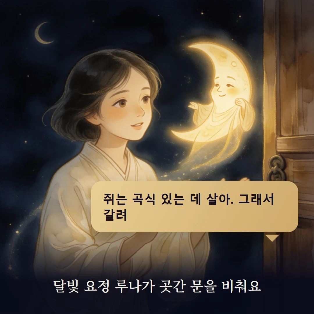 이야기 2컷 — 달빛 요정 루나가 곳간 문을 비춰요