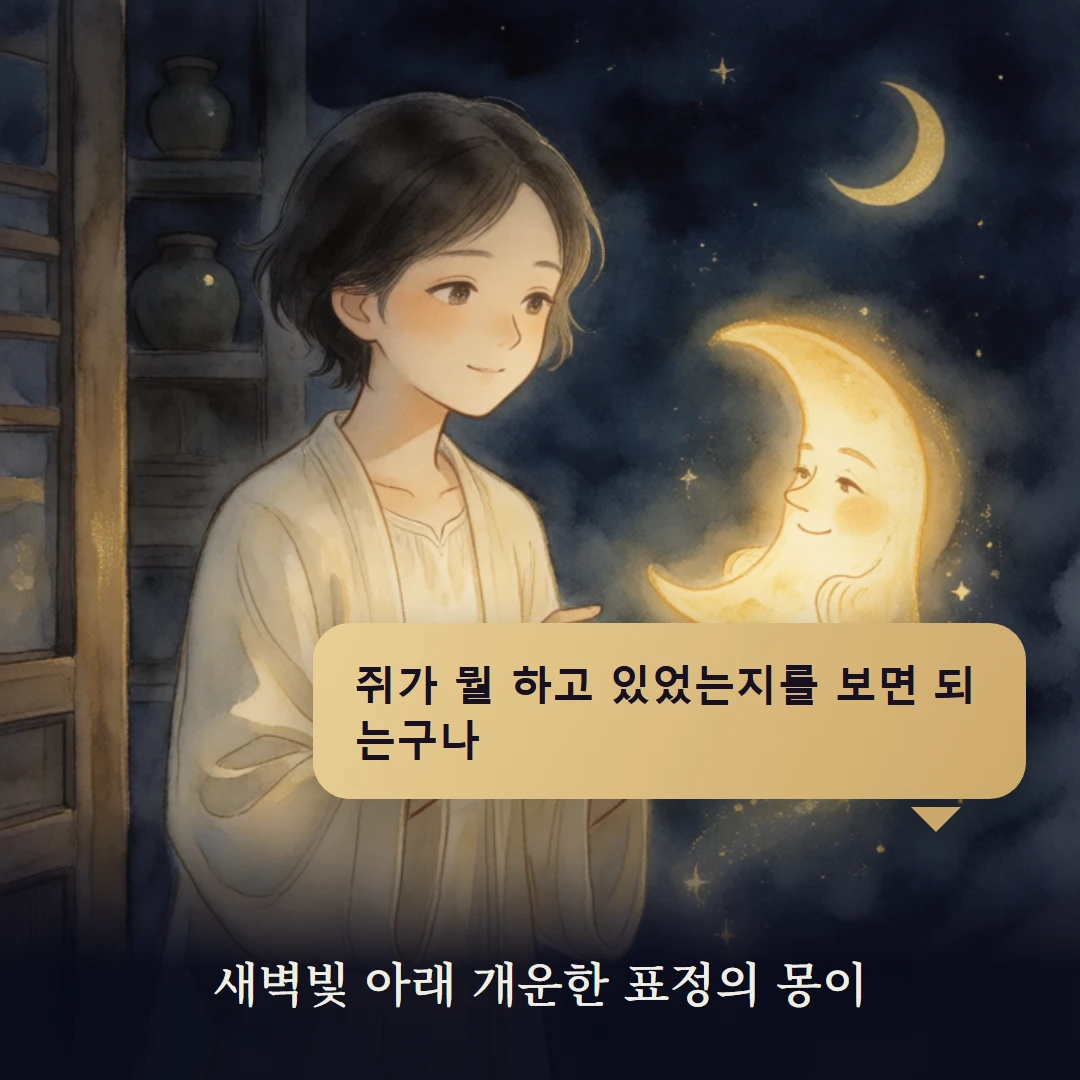 이야기 4컷 — 새벽빛 아래 개운한 표정의 몽이