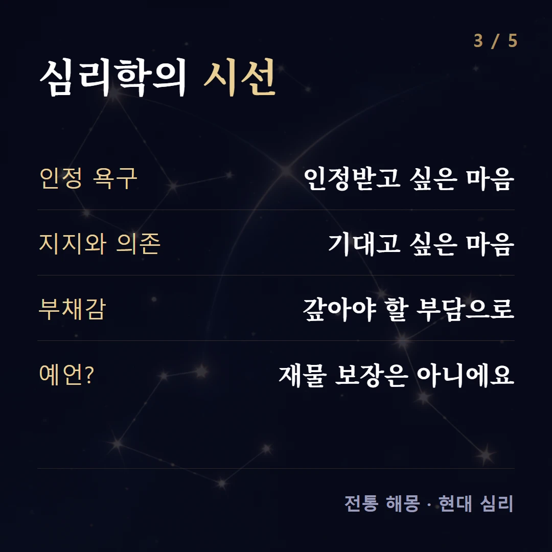 심리학의 시선 — 인정 욕구 인정받고 싶은 마음, 지지와 의존 기대고 싶은 마음, 부채감 갚아야 할 부담으로, 예언? 재물 보장은 아니에요