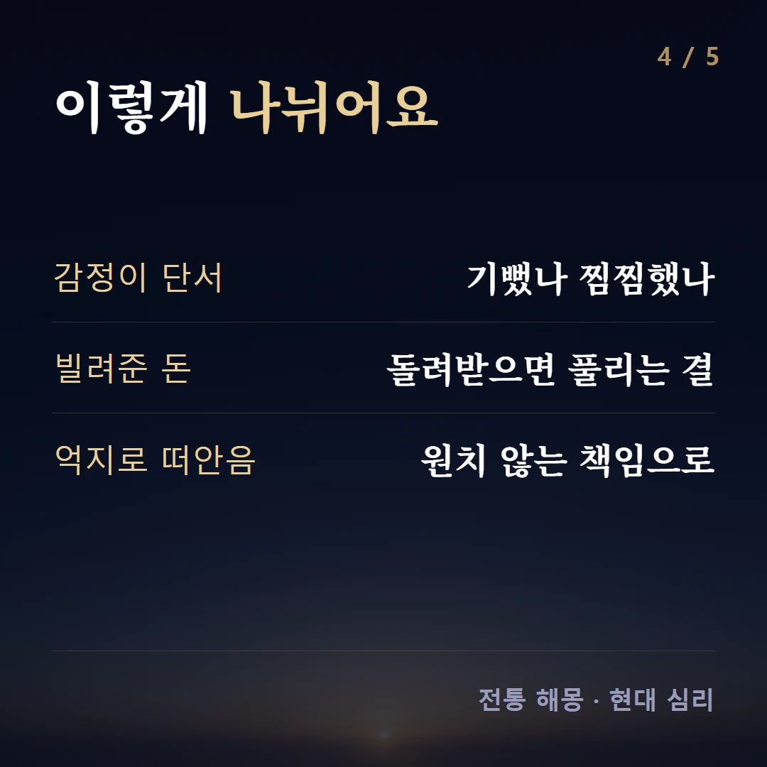 이렇게 나뉘어요 — 감정이 단서 기뻤나 찜찜했나, 빌려준 돈 돌려받으면 풀리는 결, 억지로 떠안음 원치 않는 책임으로