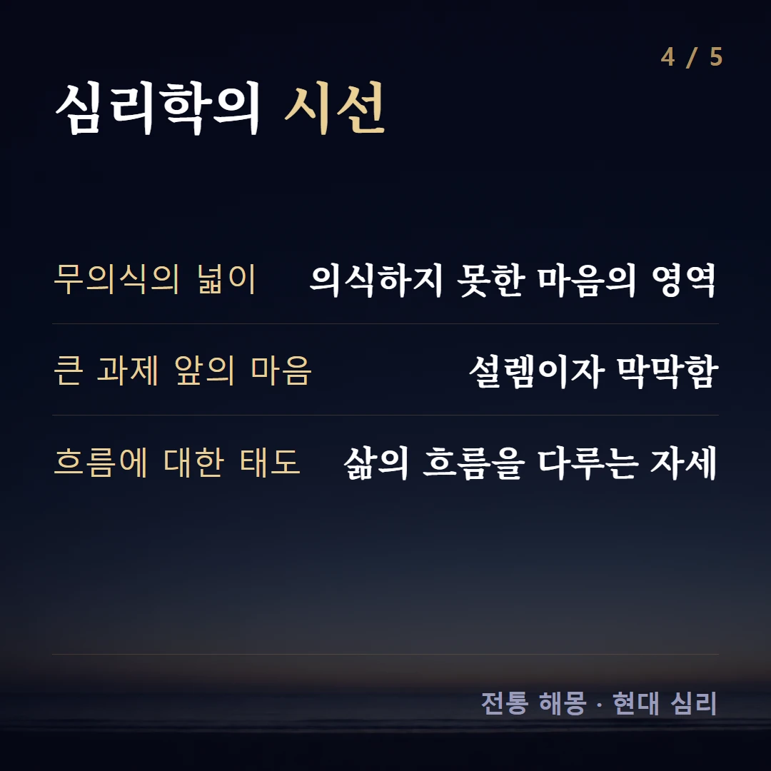 심리학의 시선 — 무의식의 넓이 의식하지 못한 마음의 영역, 큰 과제 앞의 마음 설렘이자 막막함, 흐름에 대한 태도 삶의 흐름을 다루는 자세