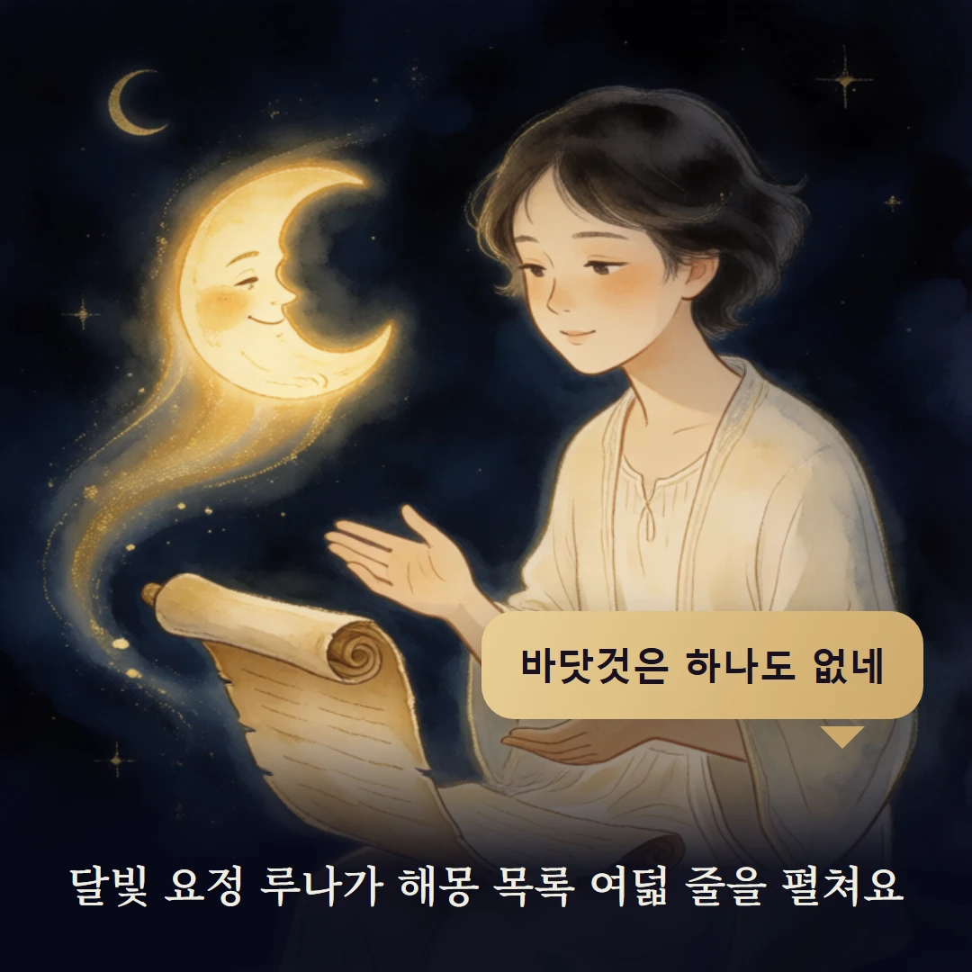 이야기 2컷 — 달빛 요정 루나가 해몽 목록 여덟 줄을 펼쳐요